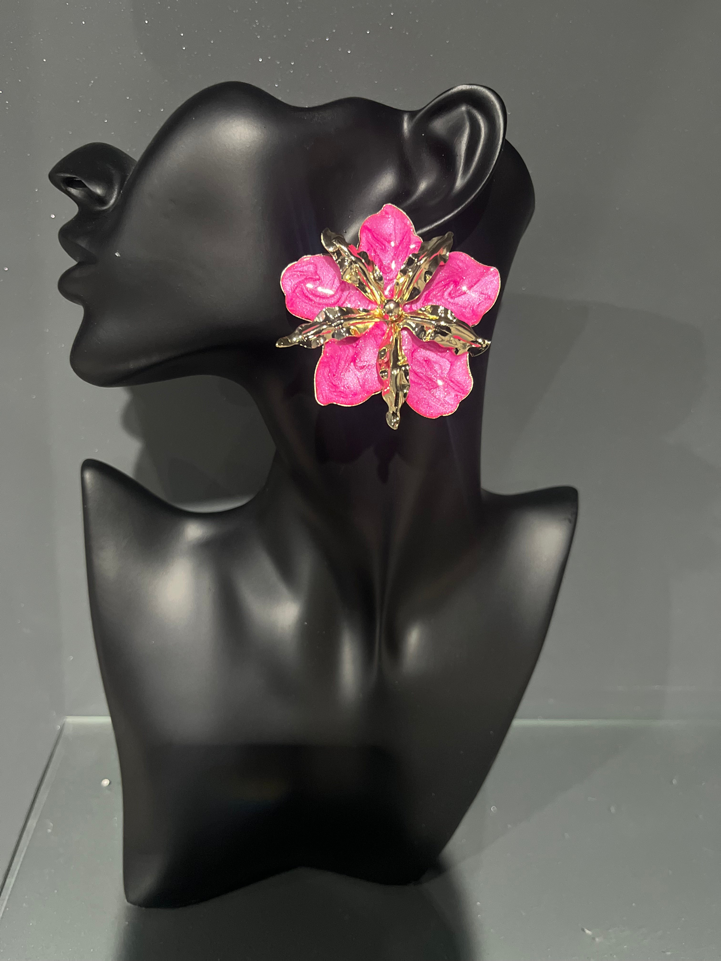 Hot Pink & Gold Exaggerated Flower Earring