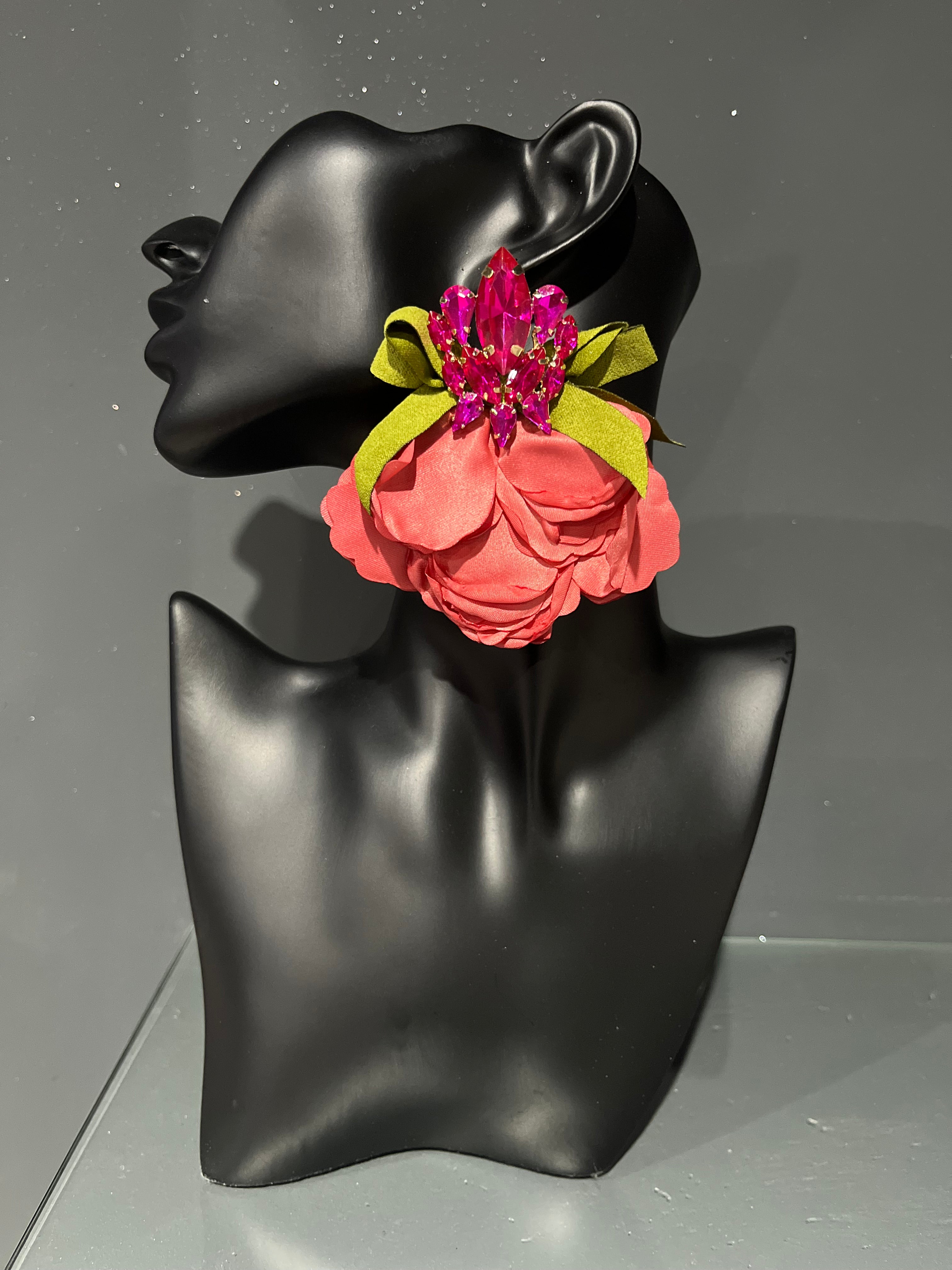 Red Petal & Pink Gemstone Bow Earring