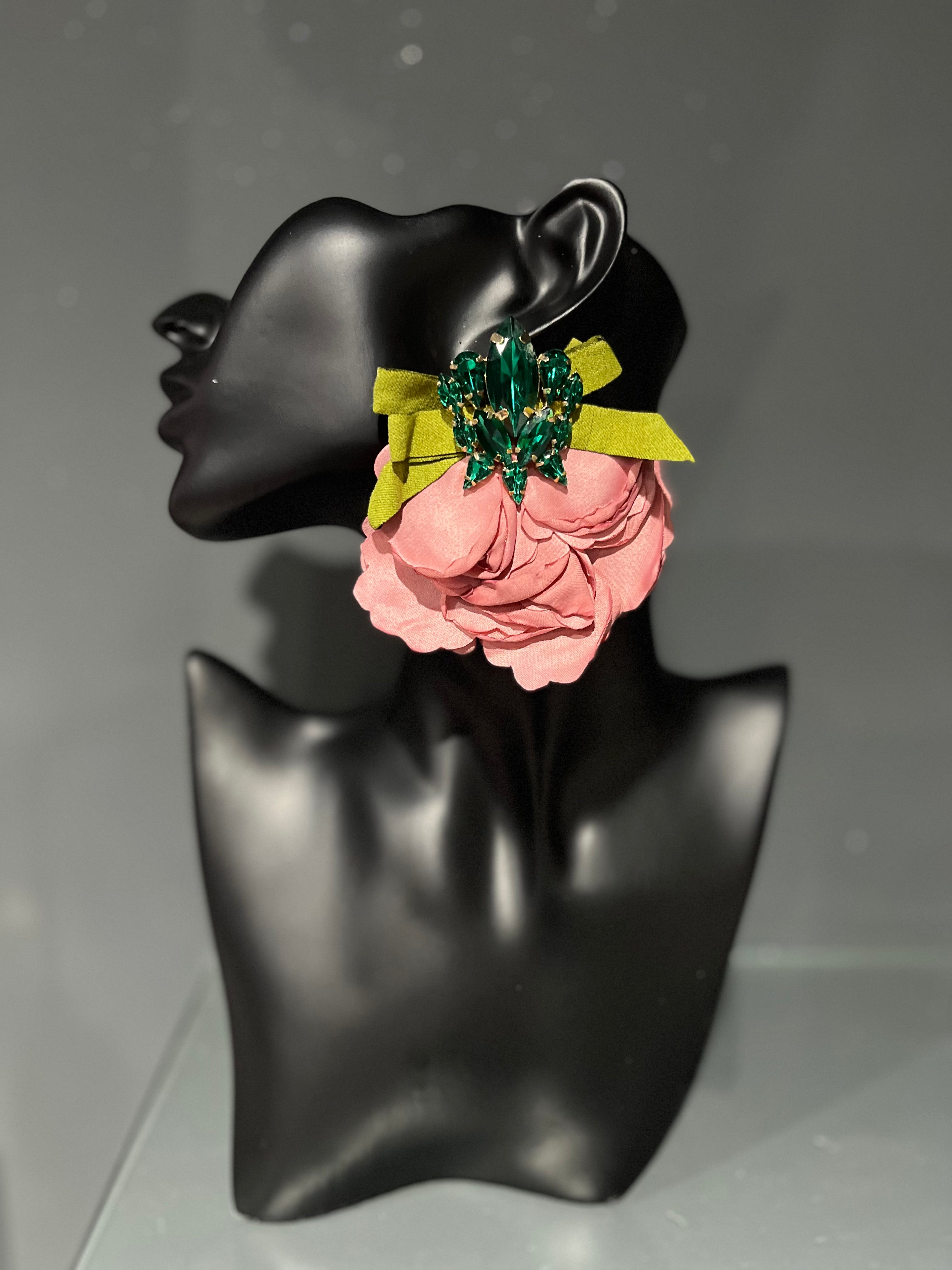 Pink Petal & Green Gemstone Bow Earring