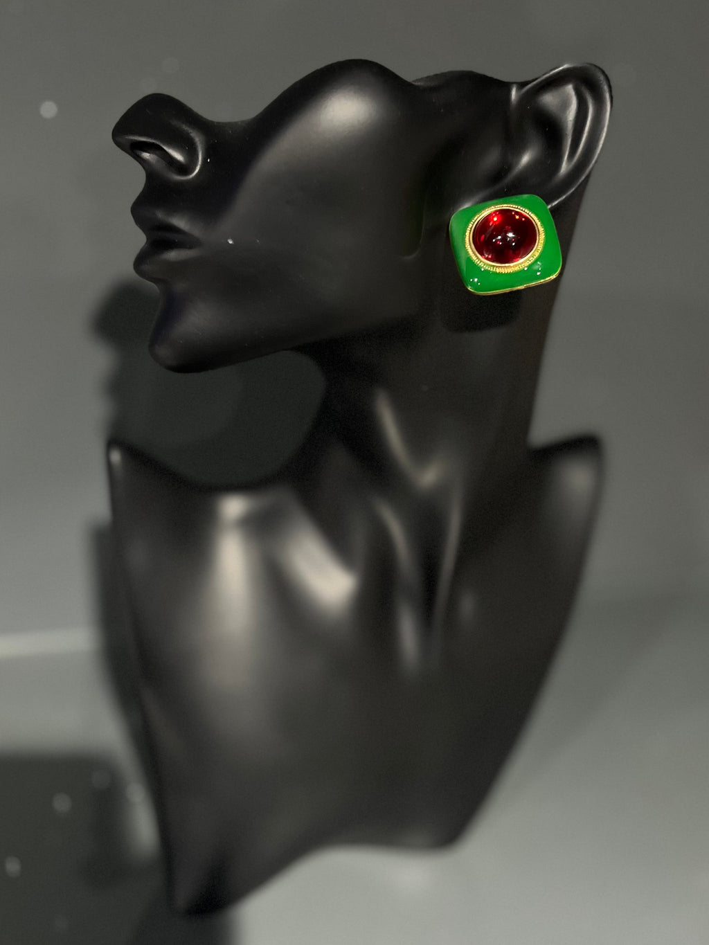 Vintage Green & Red Square Stud Earring
