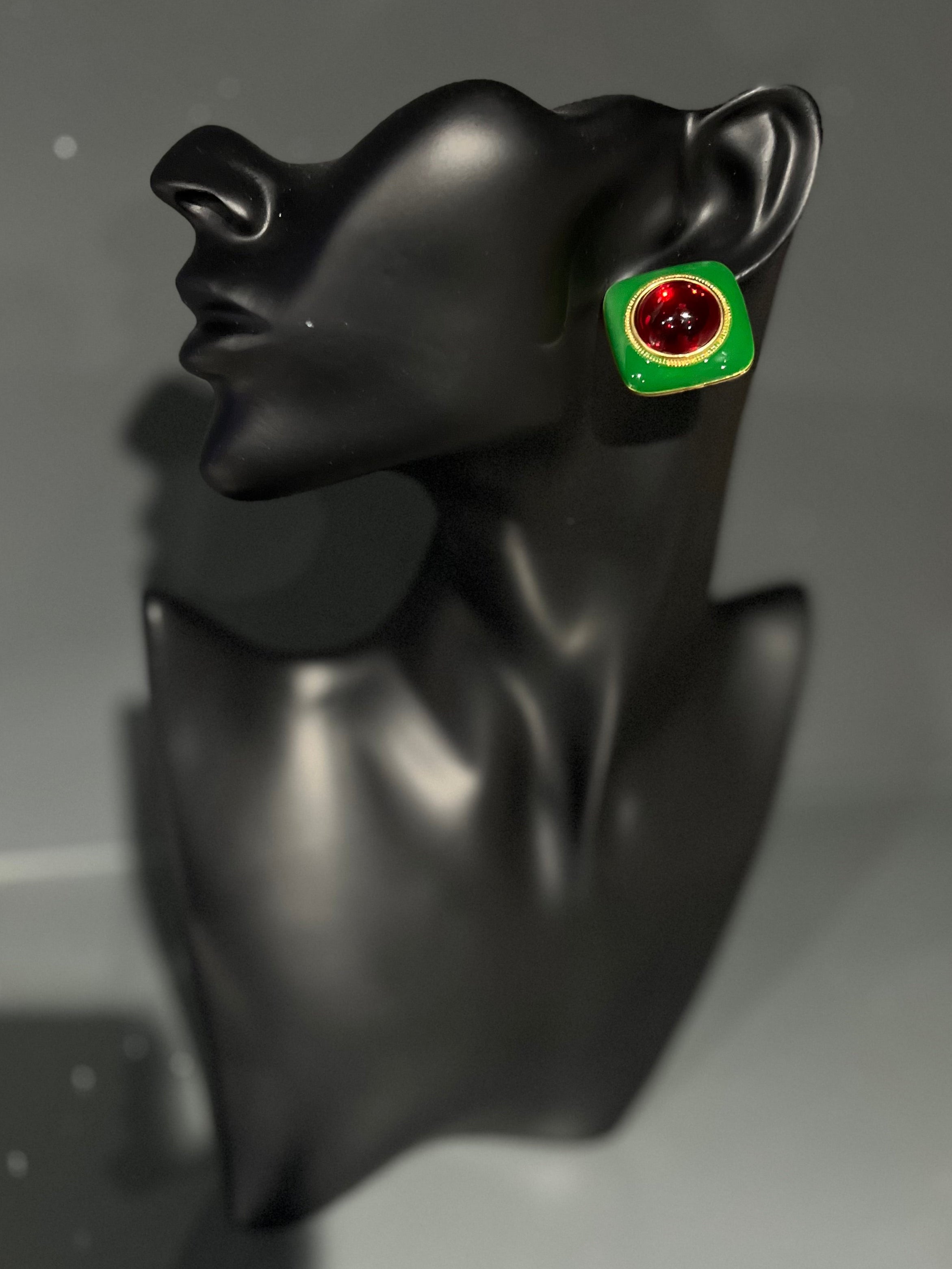 Vintage Green & Red Square Stud Earring