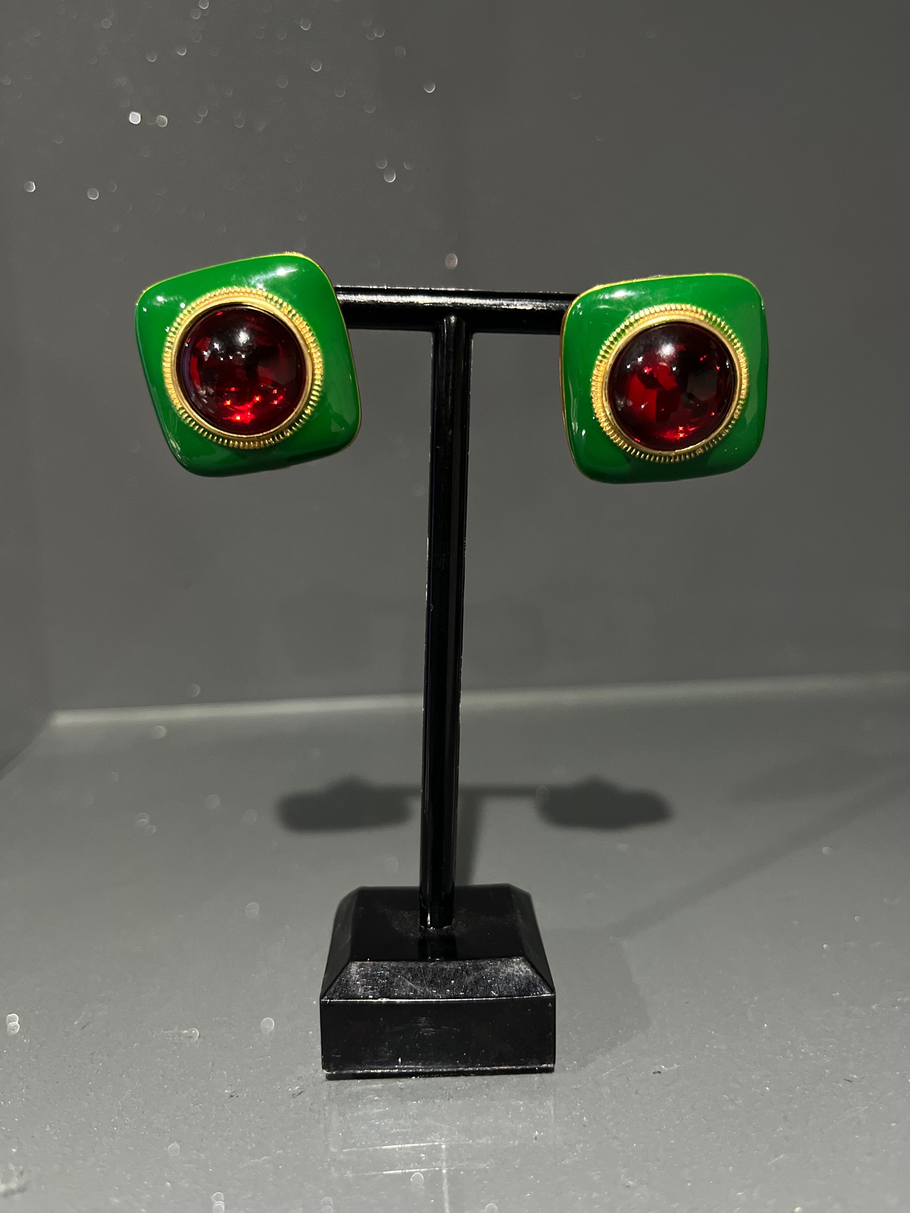 Vintage Green & Red Square Stud Earring