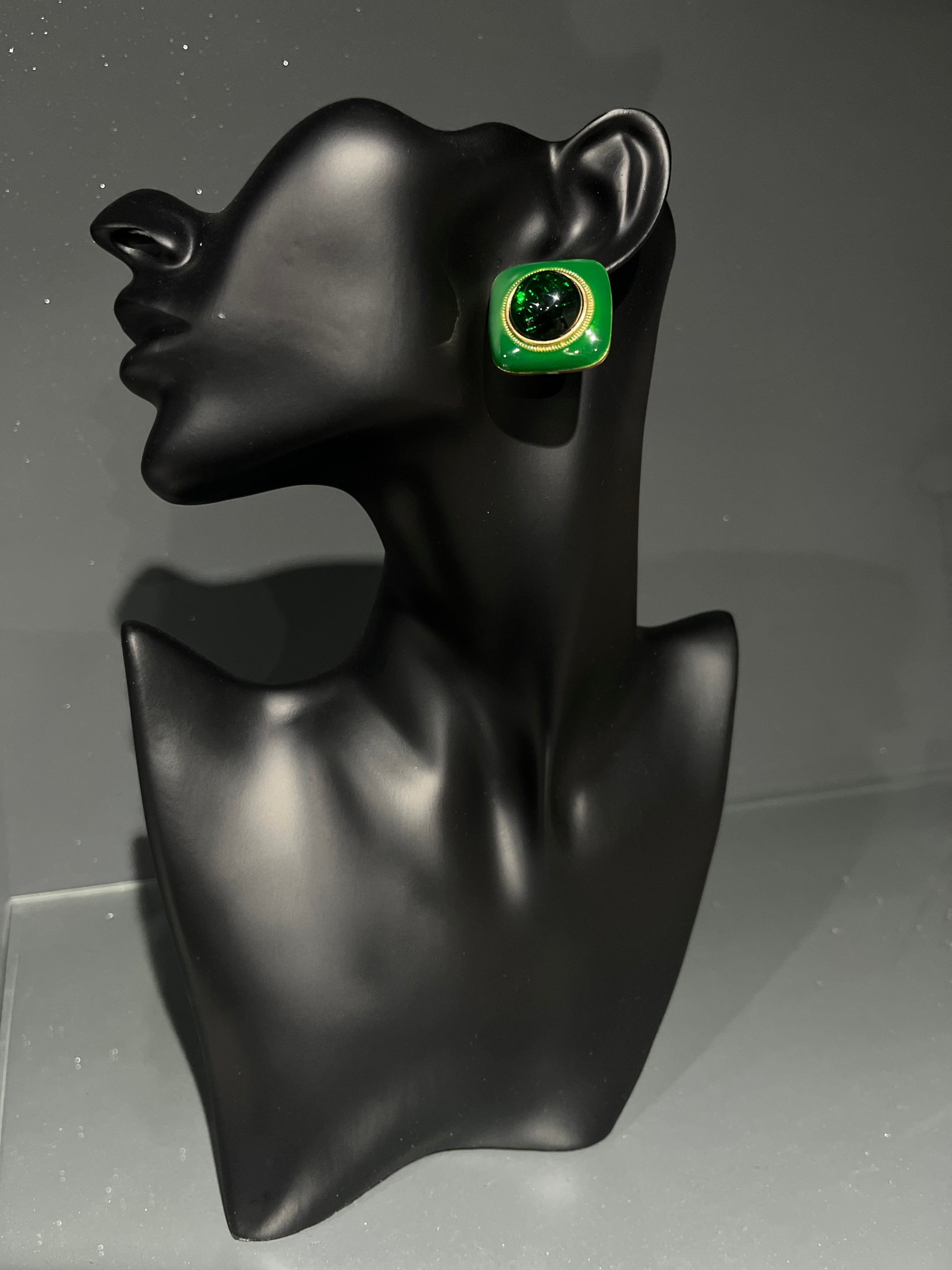 Vintage Green & Gold Square Stud Earring