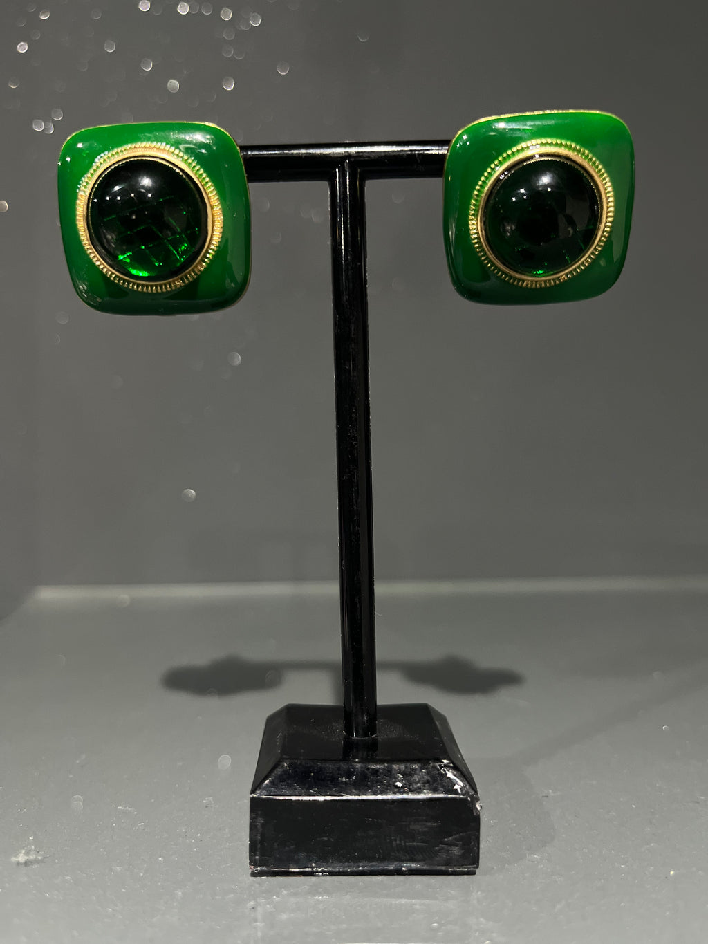 Vintage Green & Gold Square Stud Earring