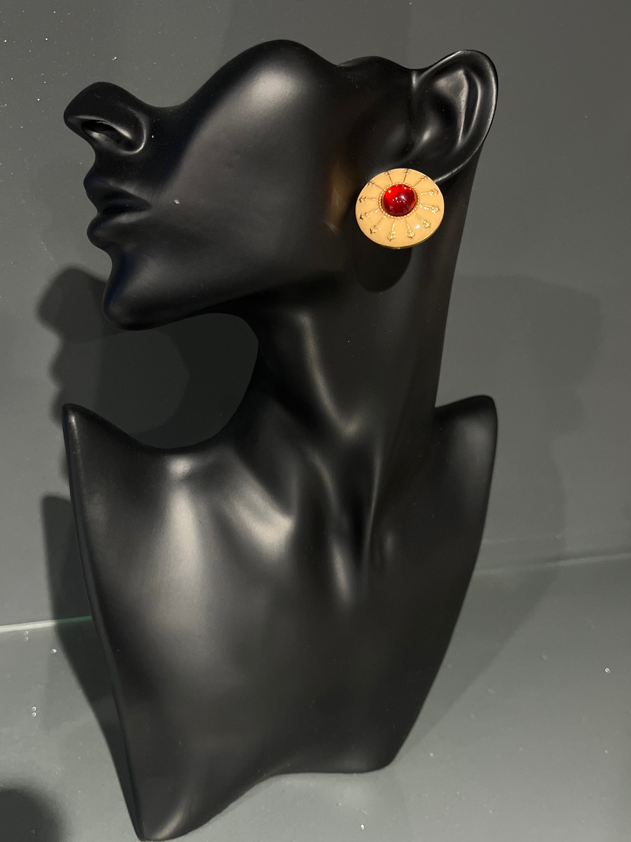 Round Red & Beige Stud Earring