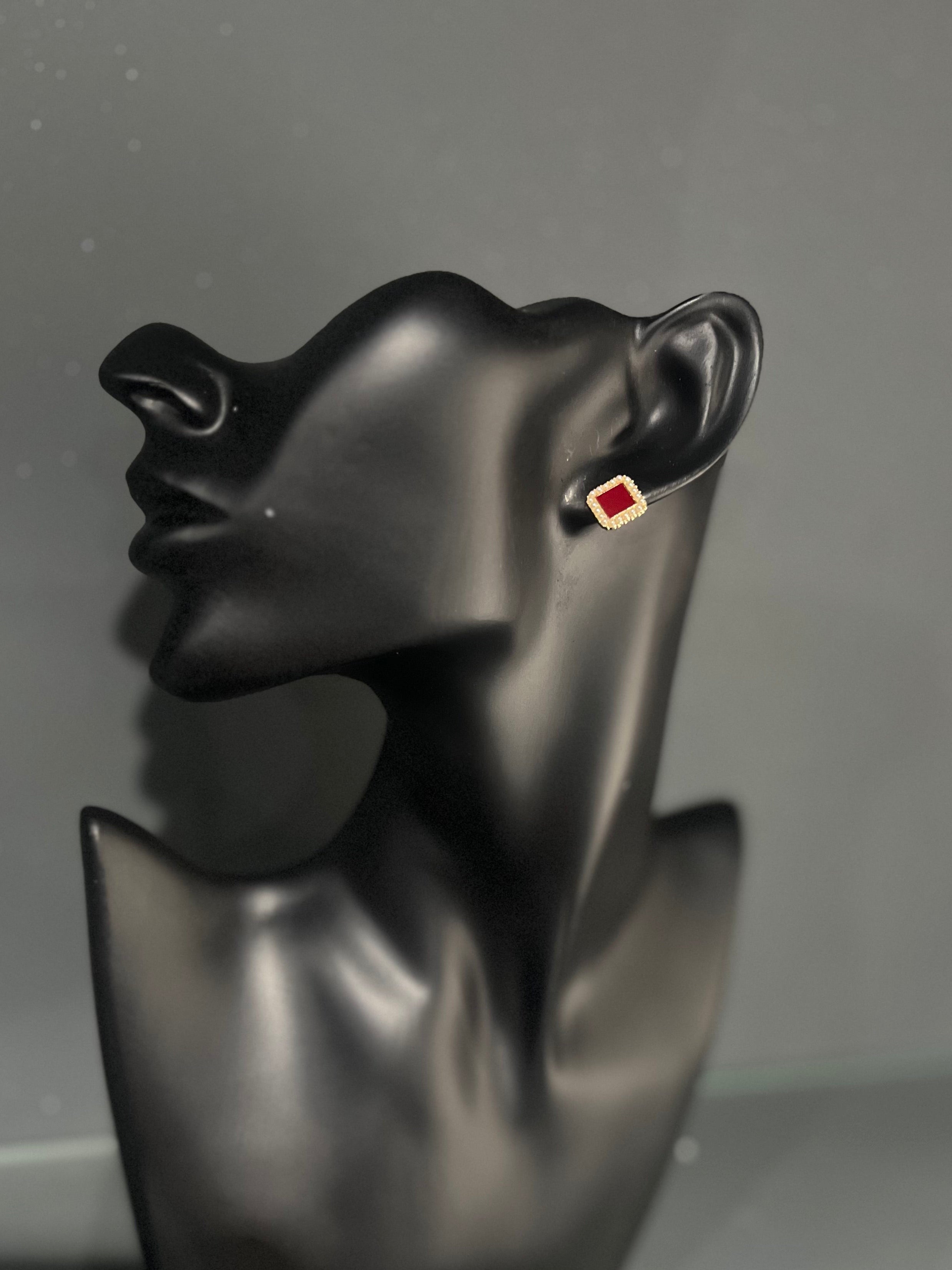 Square Pearl & Red Stud Earring