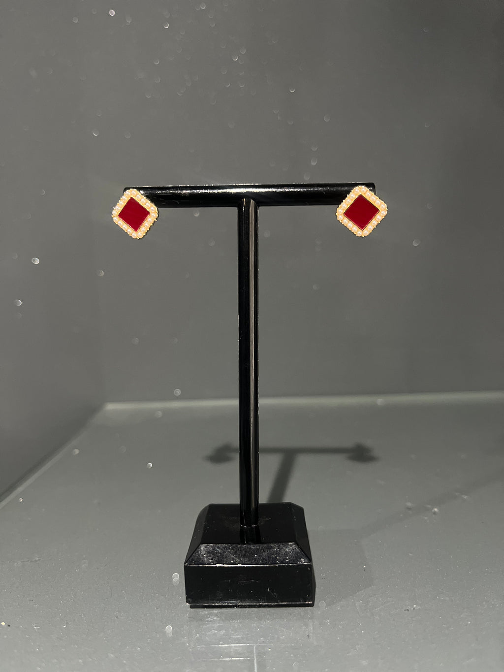 Square Pearl & Red Stud Earring