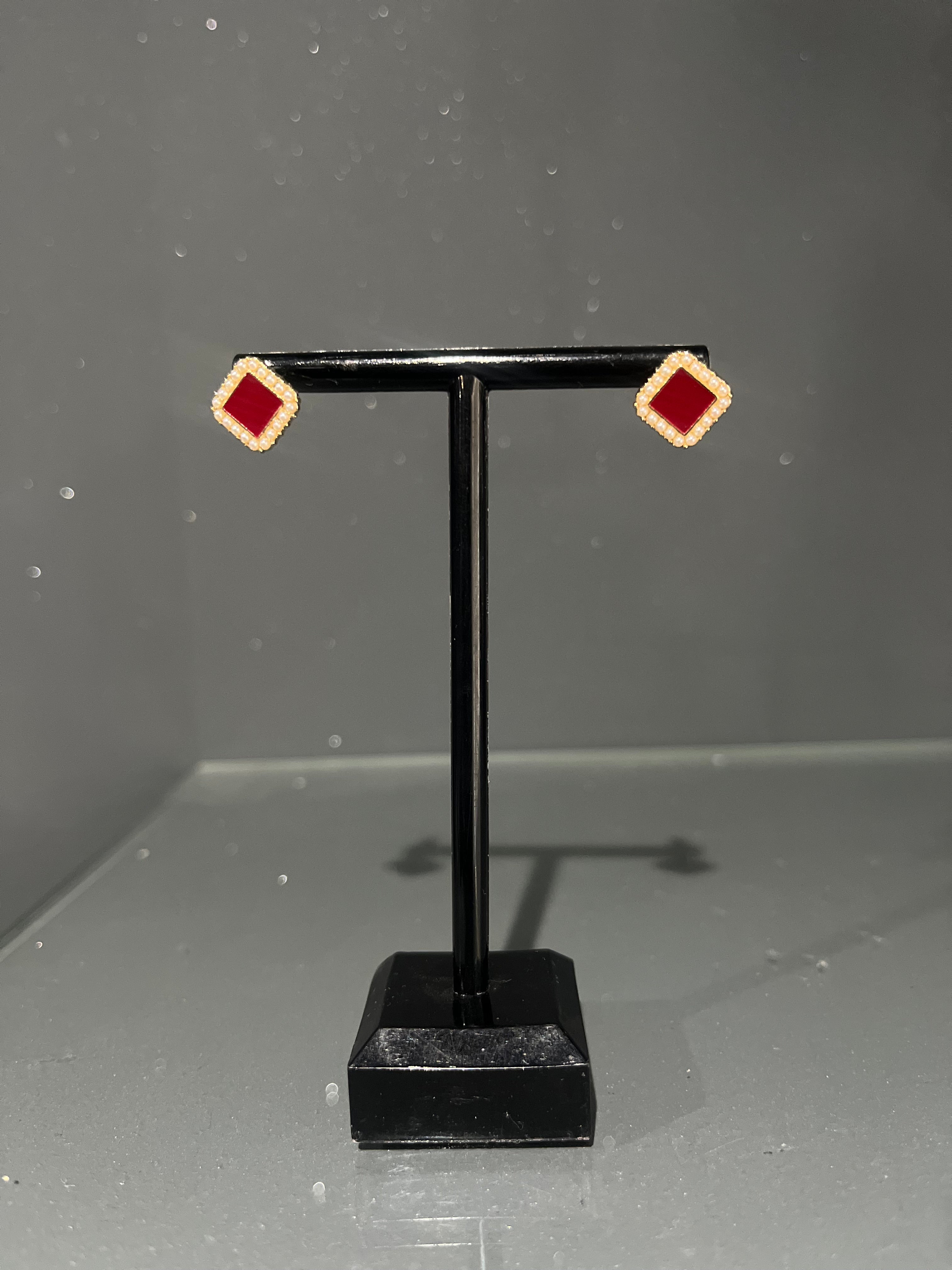 Square Pearl & Red Stud Earring