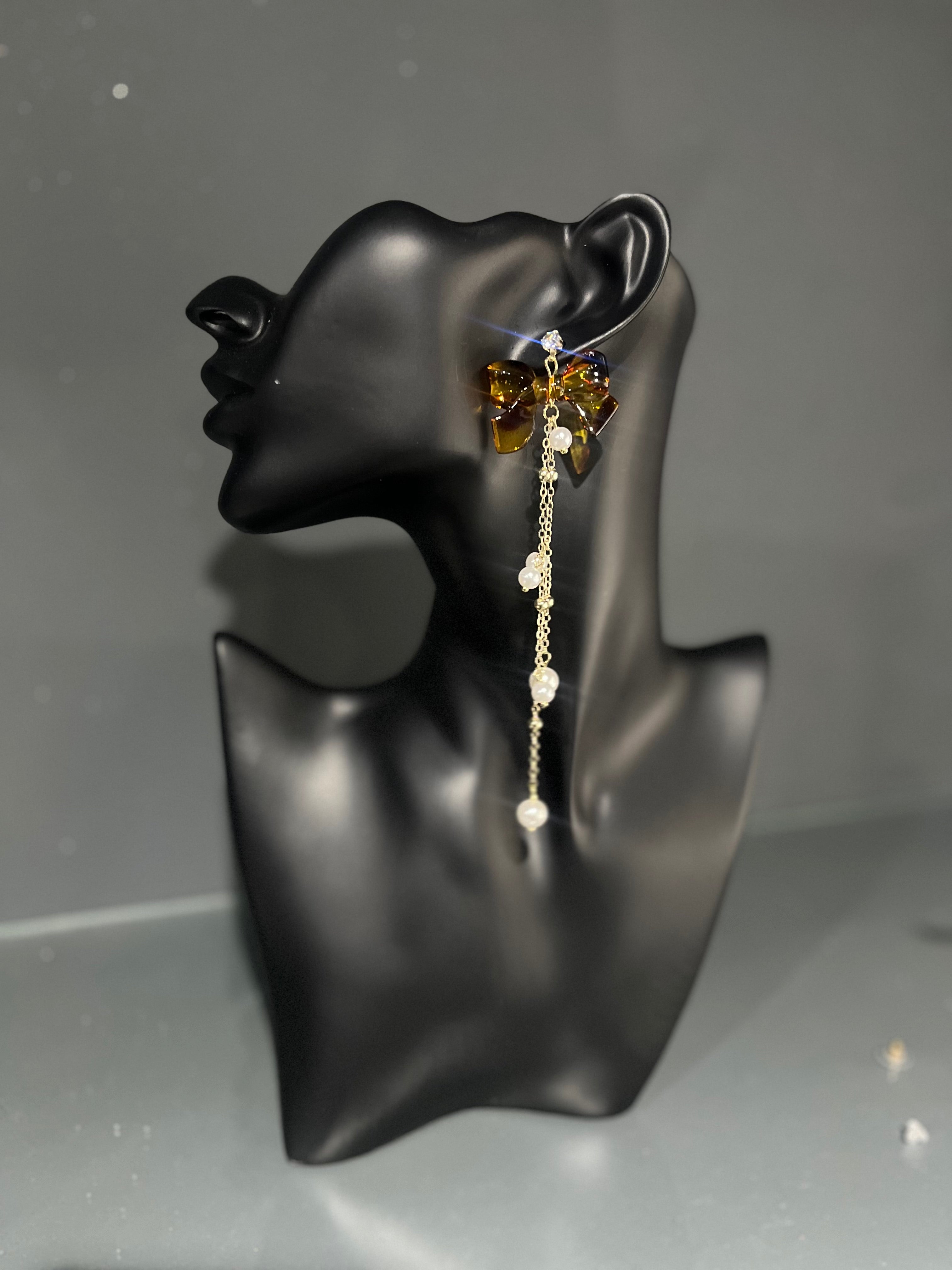 Brown Bow Pearl Tassel Stud Earring